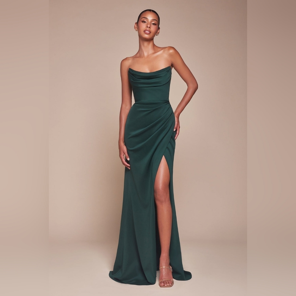 Emerald Green Strapless Gown with Asymmetrical Ruched Design and High Slit
